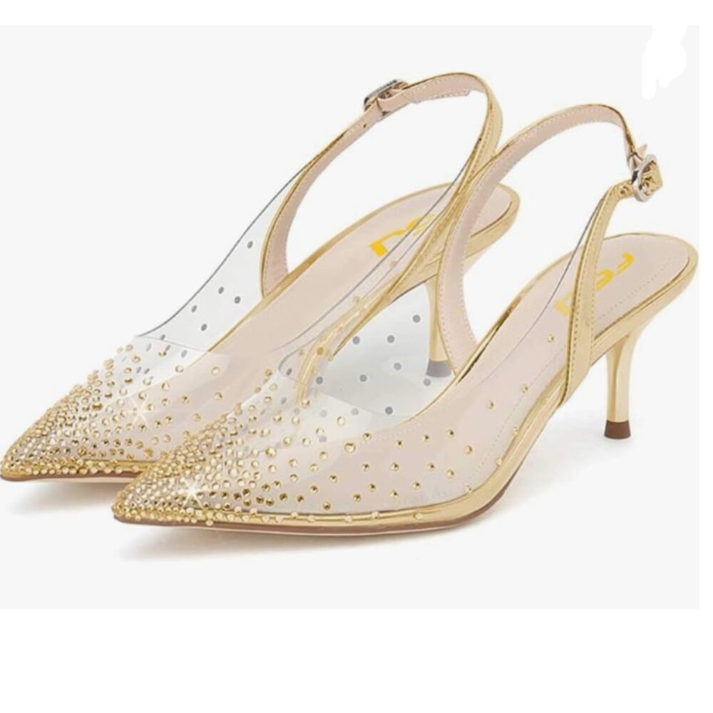 FSJ Gold Crystal Studded Clear Sparkle Rhinestones Low Heel Slingback Sandals